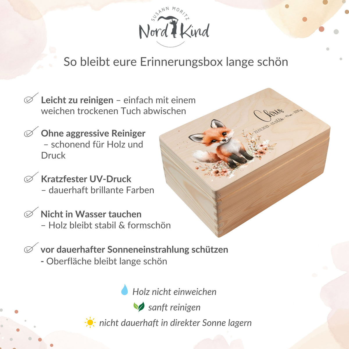 Pflegehinweise für personalisierte Erinnerungsbox aus Holz
