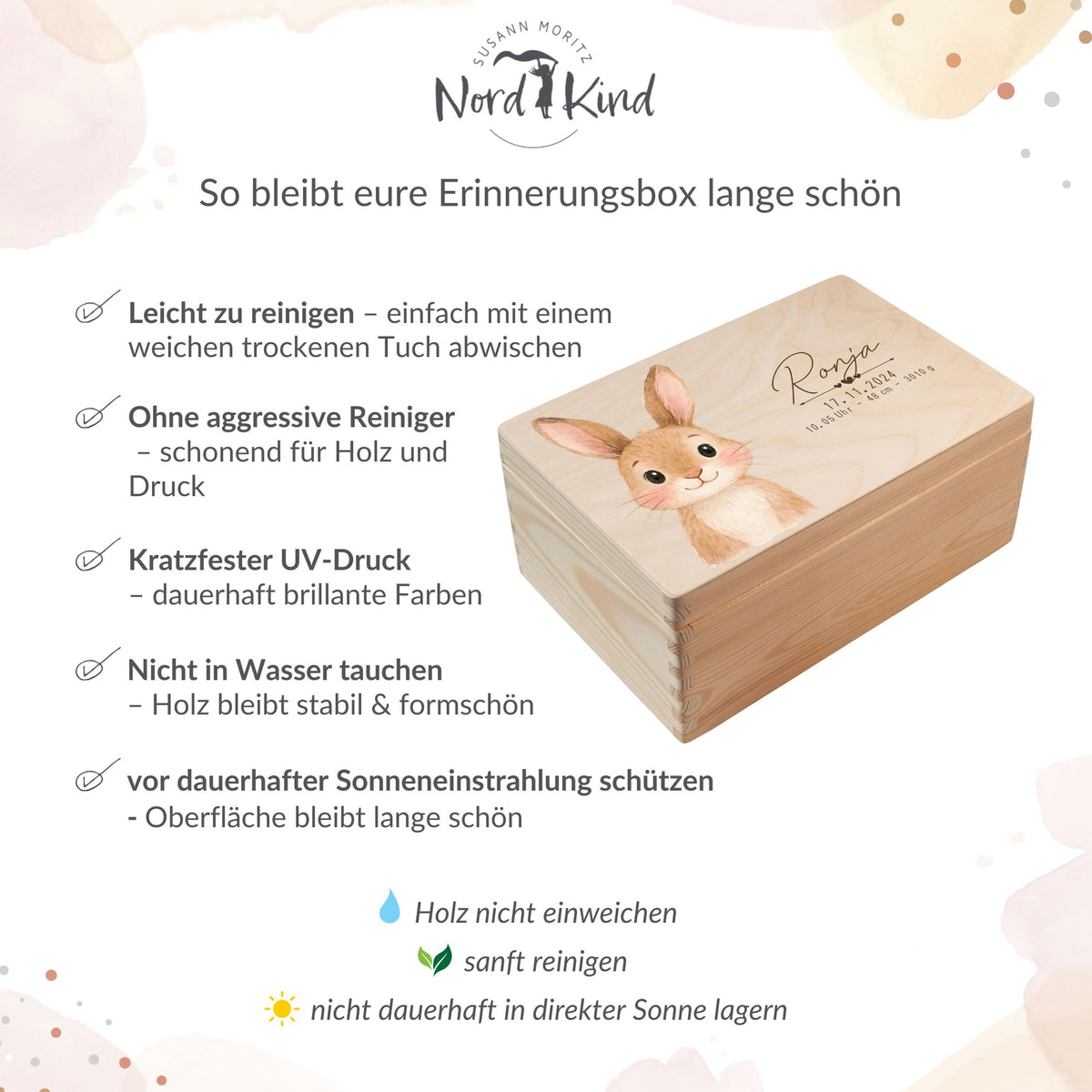 Pflegehinweise für personalisierte Erinnerungsbox aus Holz