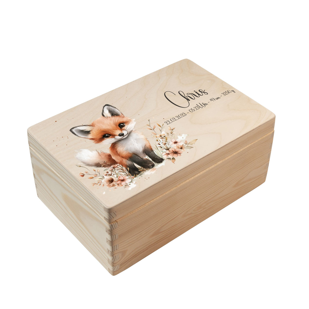 Personalisierte Erinnerungsbox Baby aus Holz mit Waldtiermotiv Fuchs 1