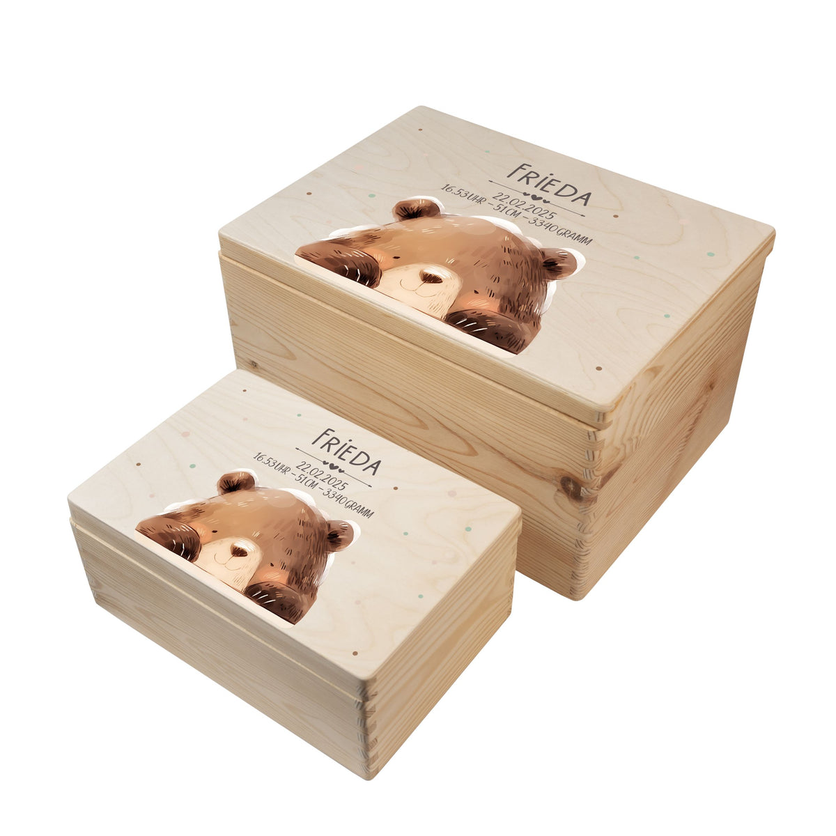 Personalisierte Erinnerungsbox Baby aus Holz in zwei Größen mit Waldtiermotiv Bär