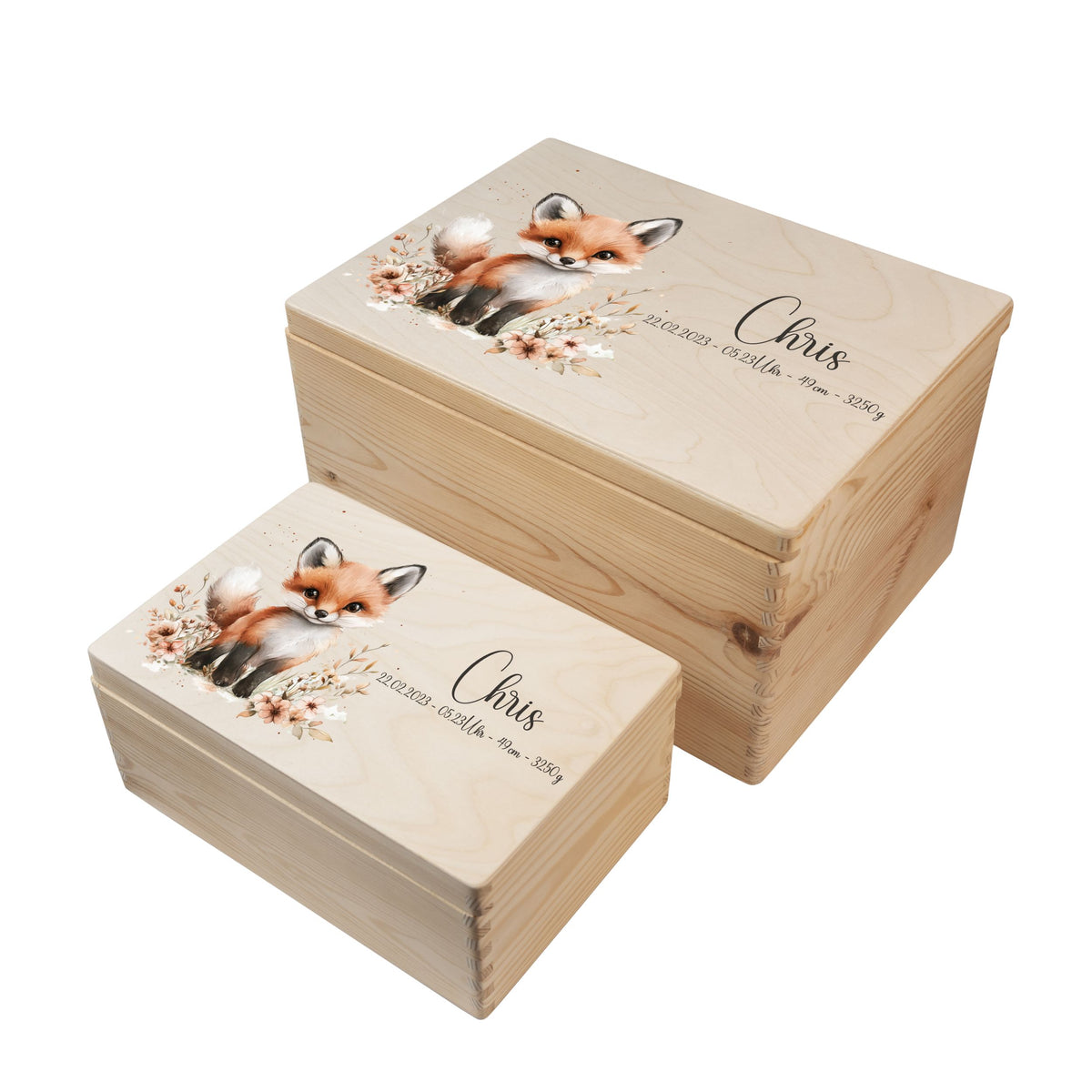 Personalisierte Erinnerungsbox Baby aus Holz in zwei Größen mit Waldtiermotiv Fuchs 1