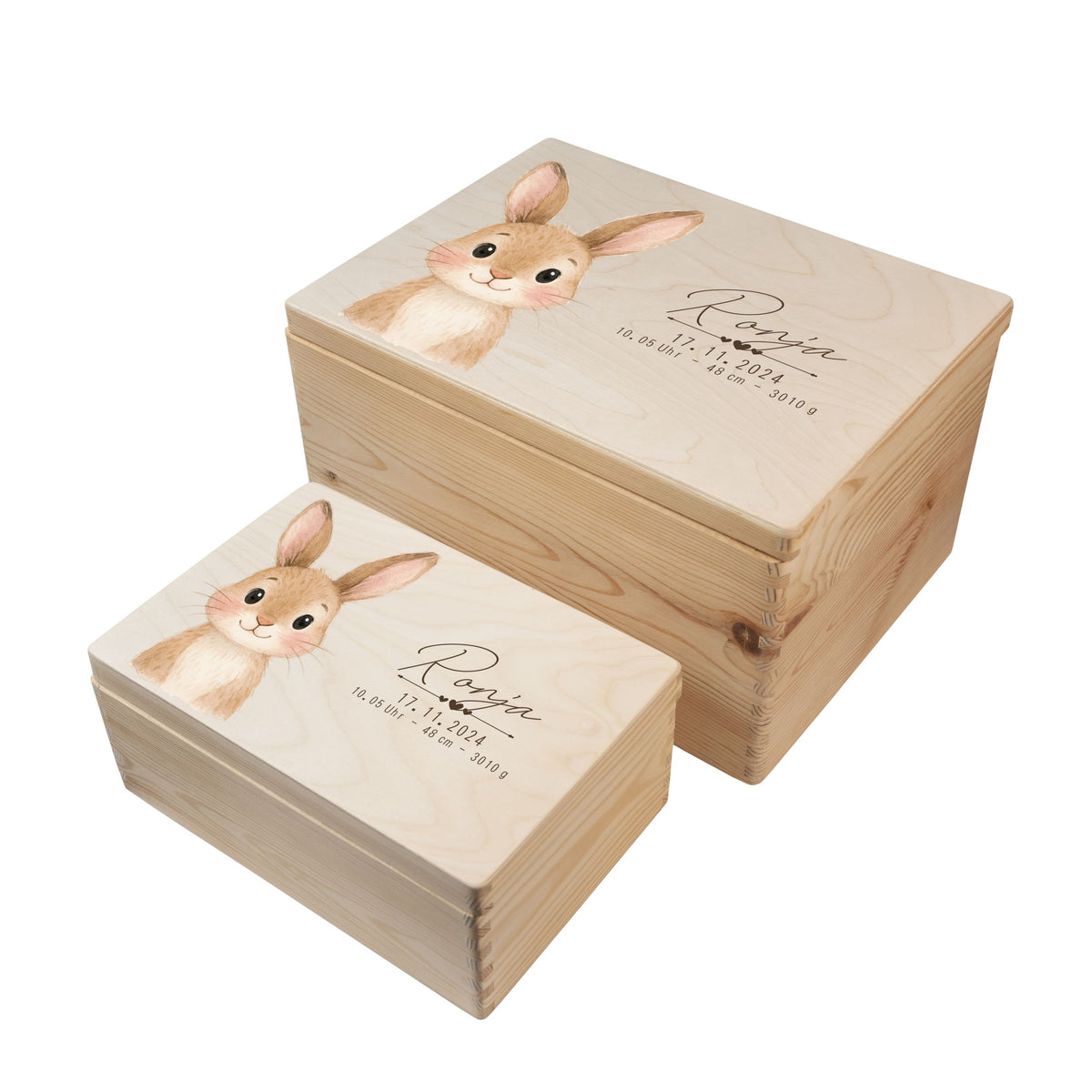 Personalisierte Erinnerungsbox Baby aus Holz in zwei Größen mit Waldtiermotiv Hase 4