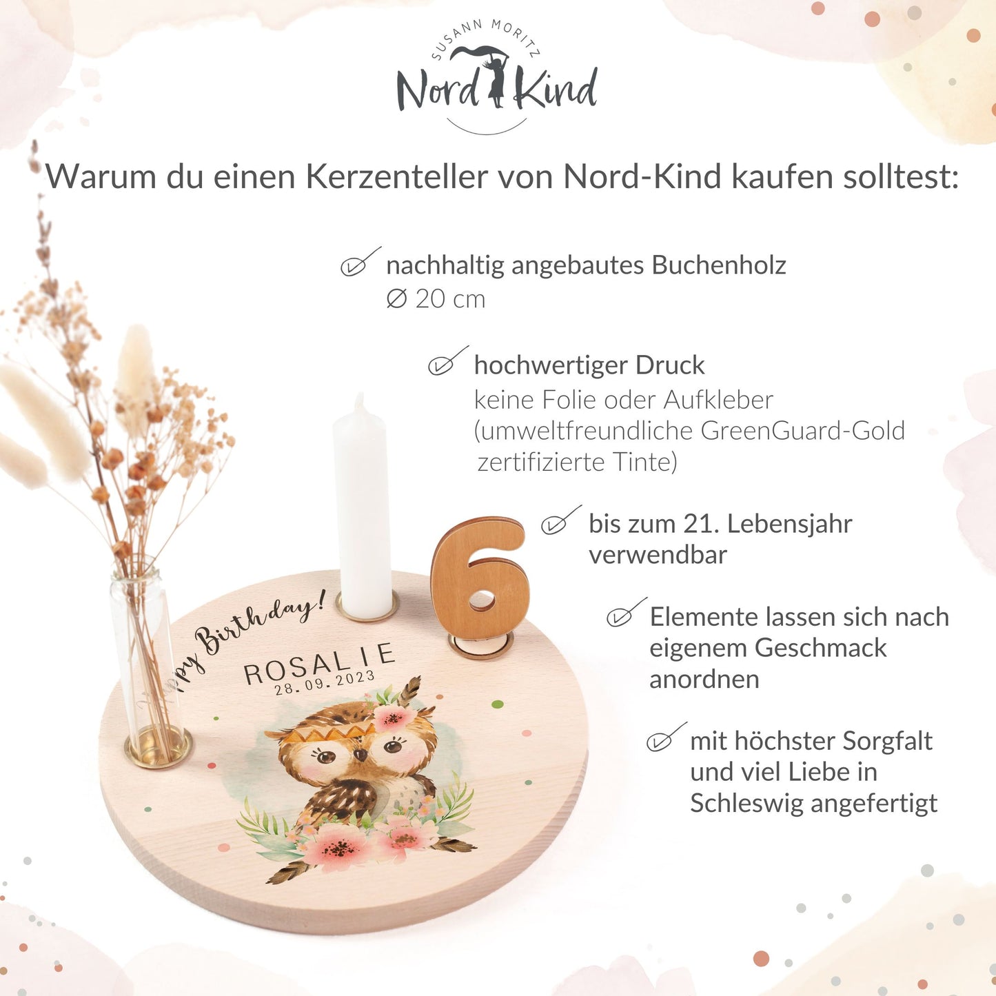personalisierter Kerzenteller mit Kerze, Vase und Zahlen (Eule 1)