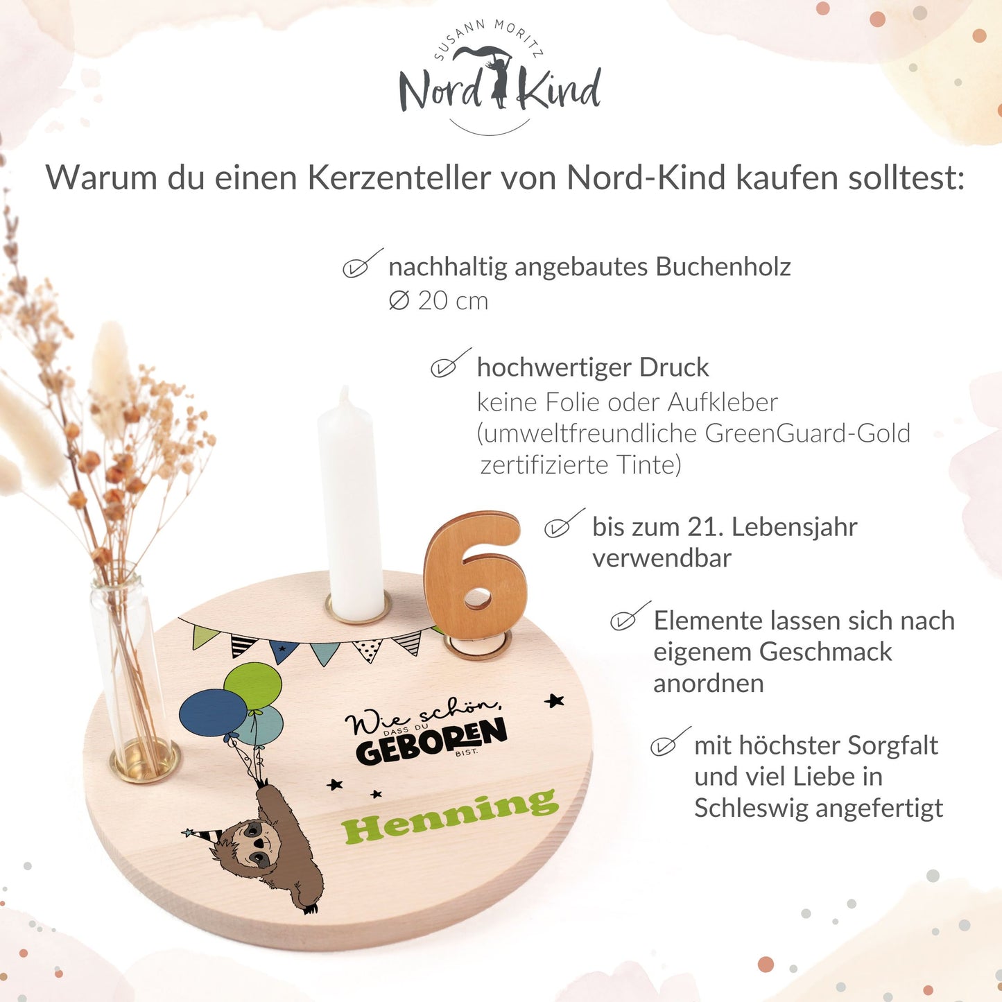 personalisierter Kerzenteller mit Kerze, Vase und Zahlen (Faultier 1)