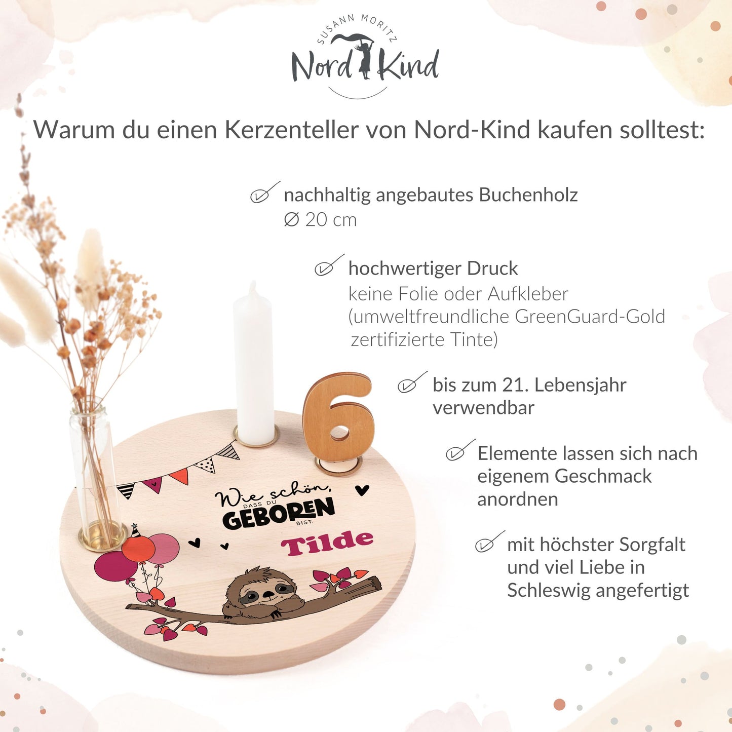 personalisierter Kerzenteller mit Kerze, Vase und Zahlen (Faultier 2)