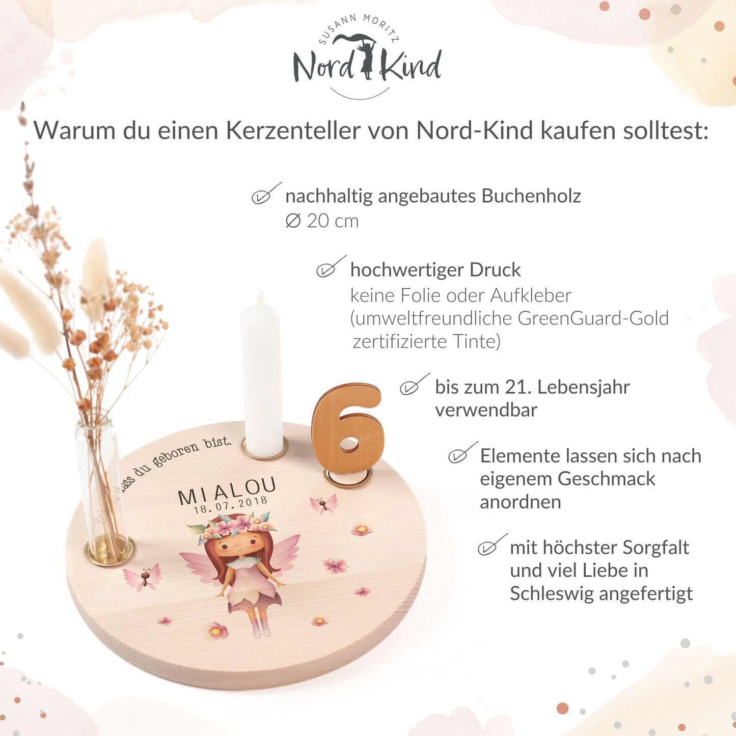 personalisierter Kerzenteller mit Kerze, Vase und Zahlen (Fee 2)