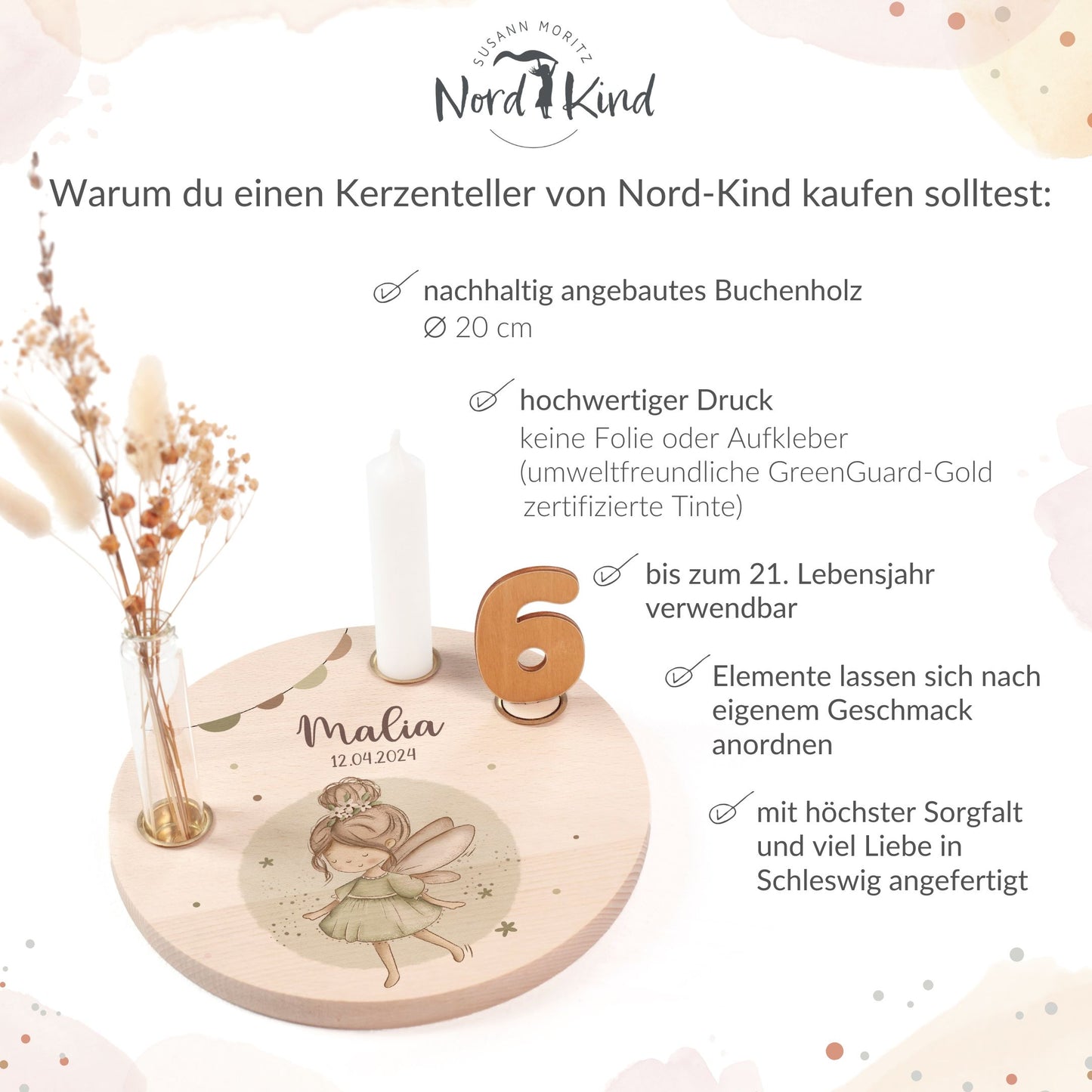 personalisierter Kerzenteller mit Kerze, Vase und Zahlen (Fee 4)