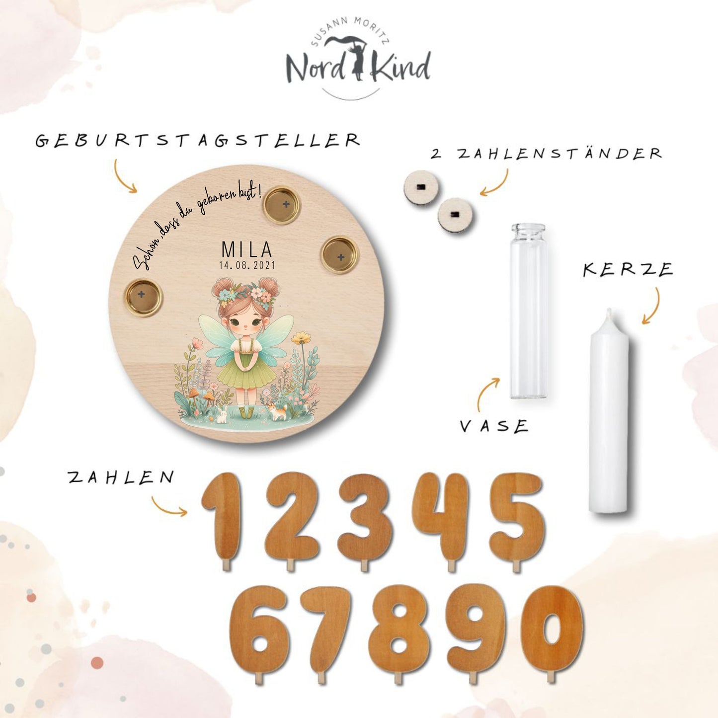 personalisierter Kerzenteller mit Kerze, Vase und Zahlen (Fee 5)