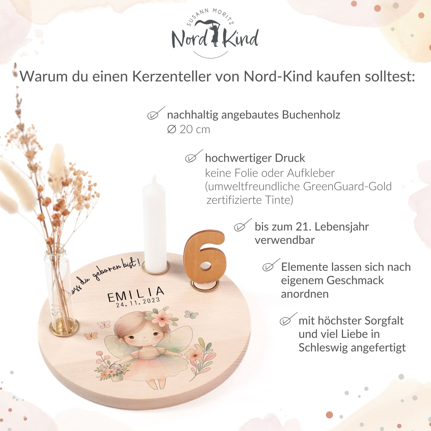 personalisierter Kerzenteller mit Kerze, Vase und Zahlen (Fee 6)