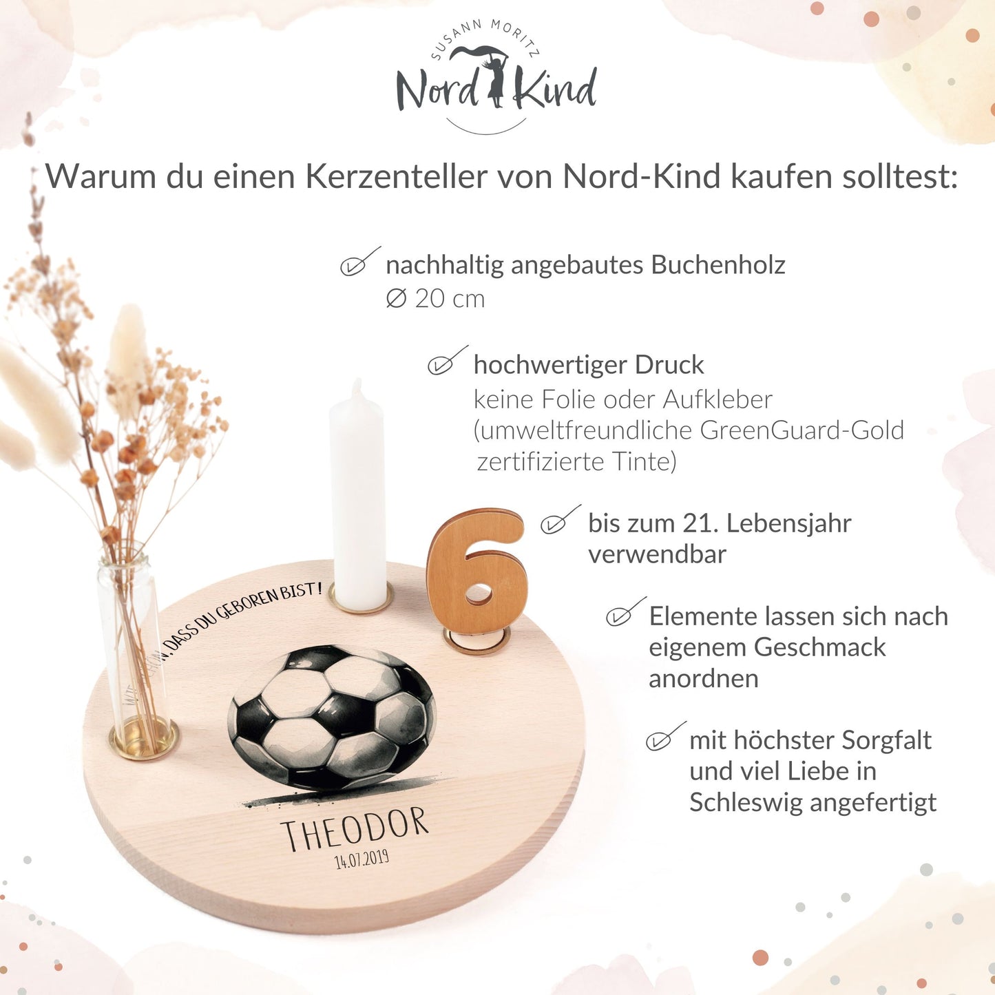 personalisierter Kerzenteller mit Kerze, Vase und Zahlen (Fussball)