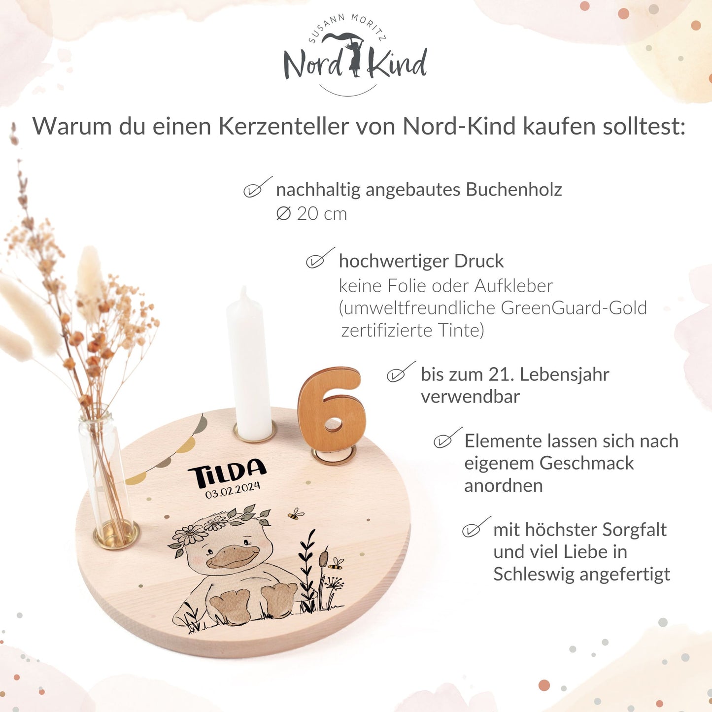 personalisierter Kerzenteller mit Kerze, Vase und Zahlen (Gans 2)