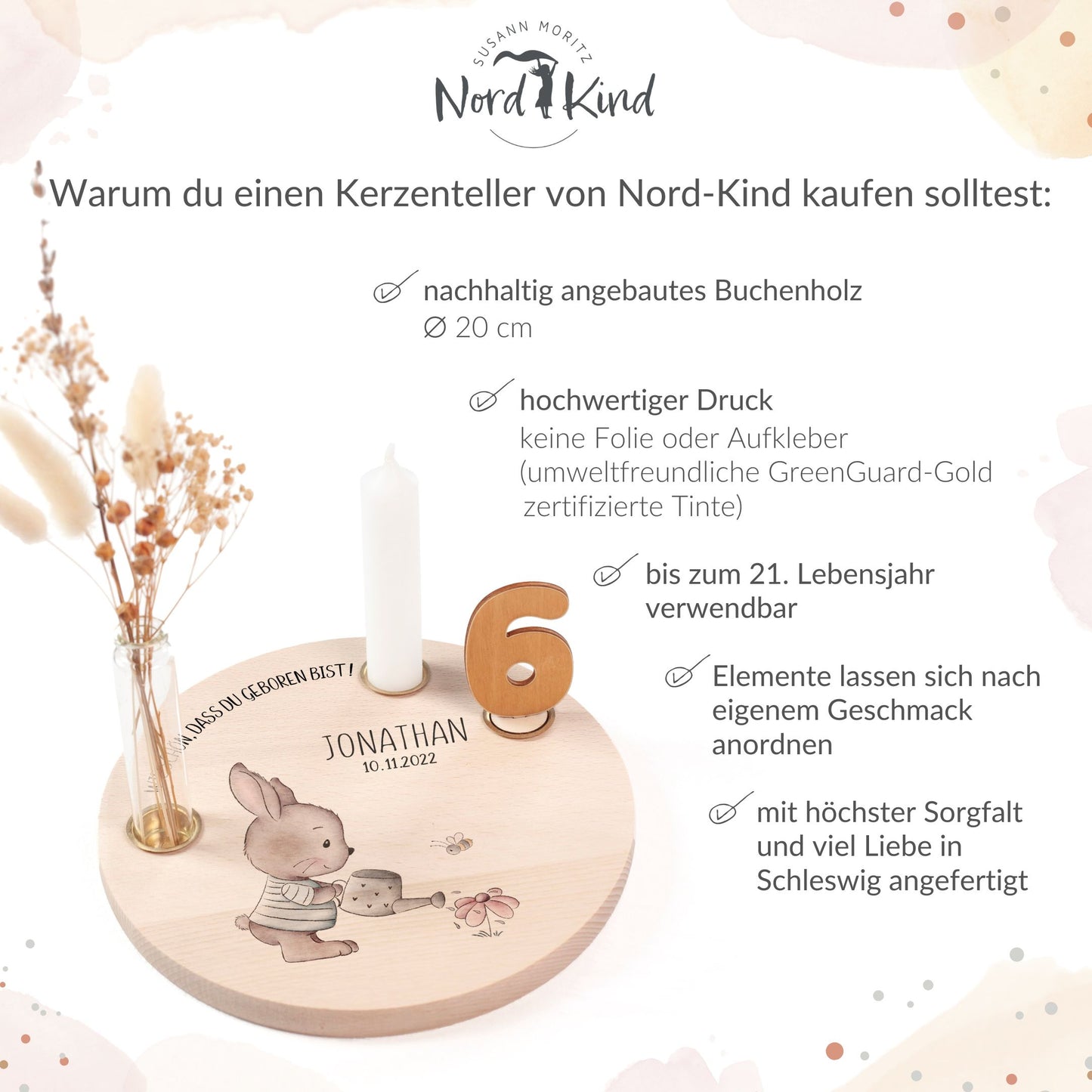 personalisierter Kerzenteller mit Kerze, Vase und Zahlen (Hase 1)