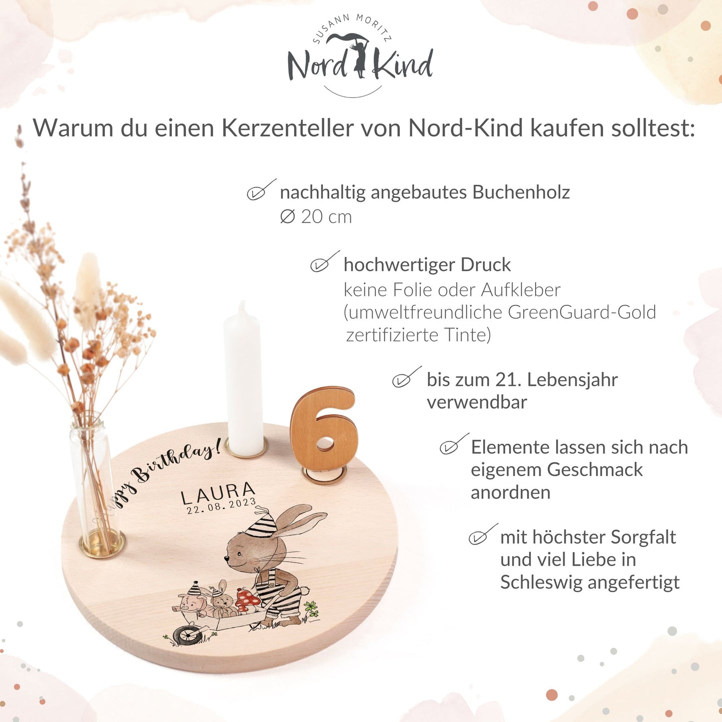 personalisierter Kerzenteller mit Kerze, Vase und Zahlen (Hase 2)