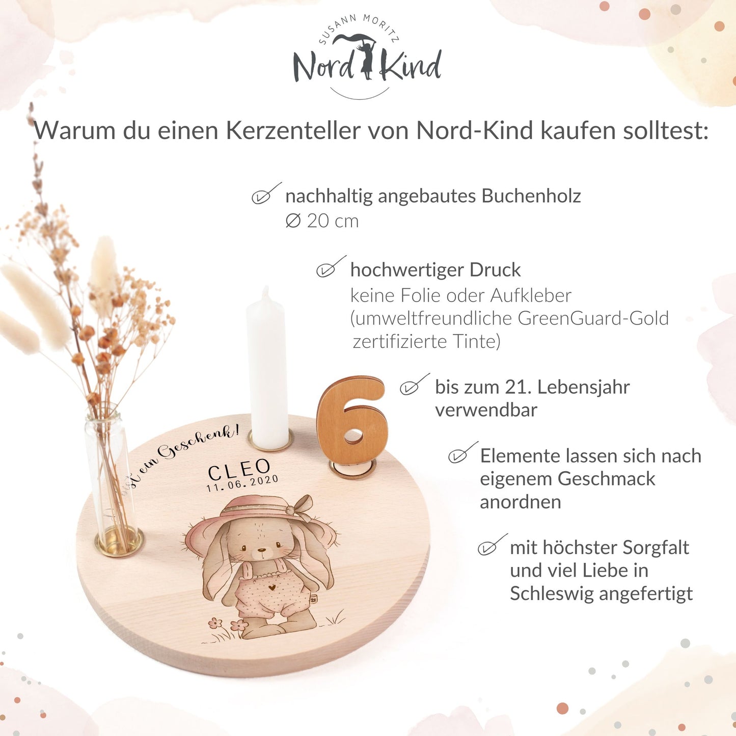 personalisierter Kerzenteller mit Kerze, Vase und Zahlen (Hase 3)