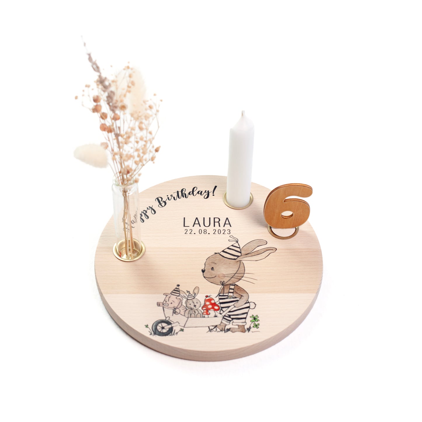 personalisierter Kerzenteller mit Kerze, Vase und Zahlen (Hase 2)