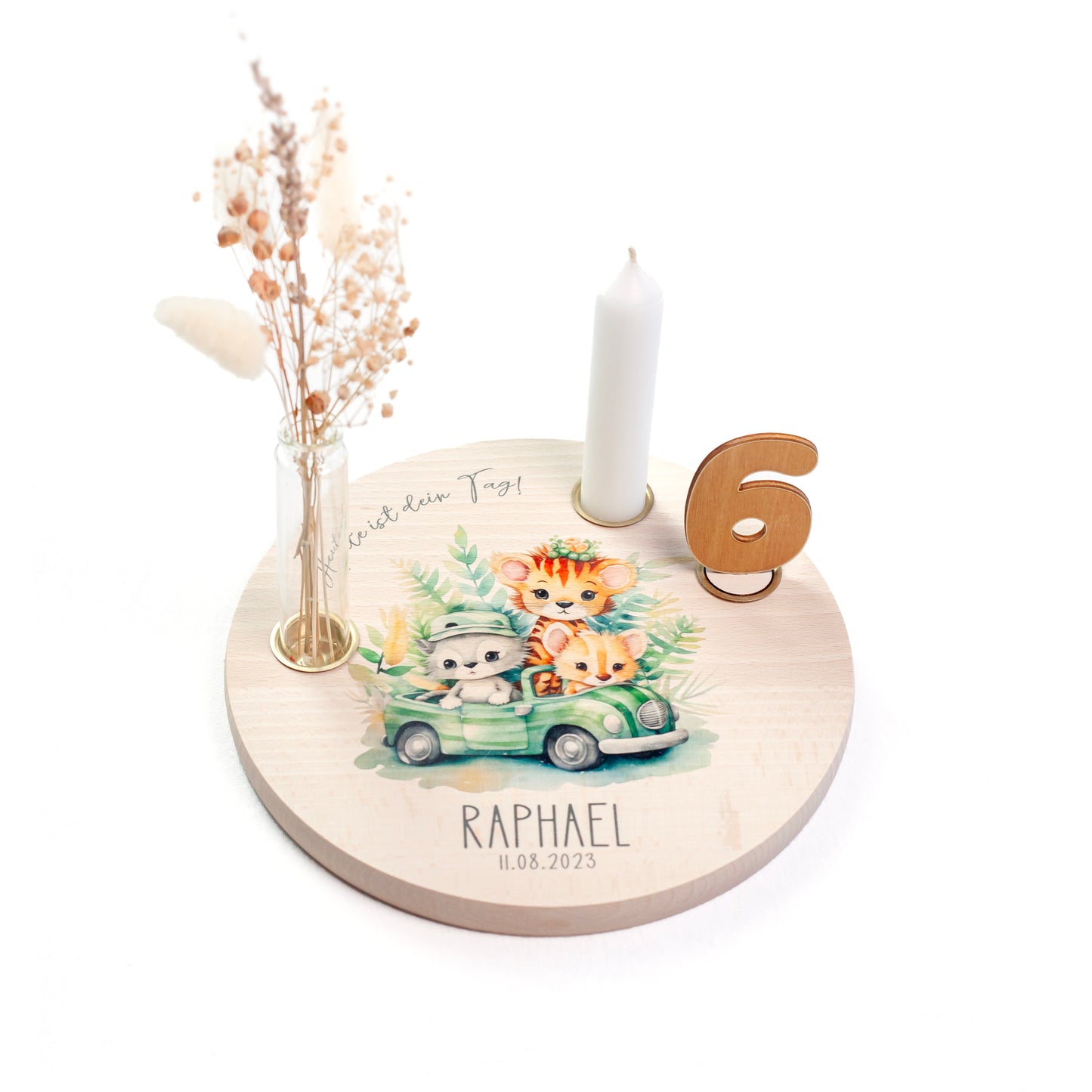 personalisierter Kerzenteller mit Kerze, Vase und Zahlen (Safari 1)