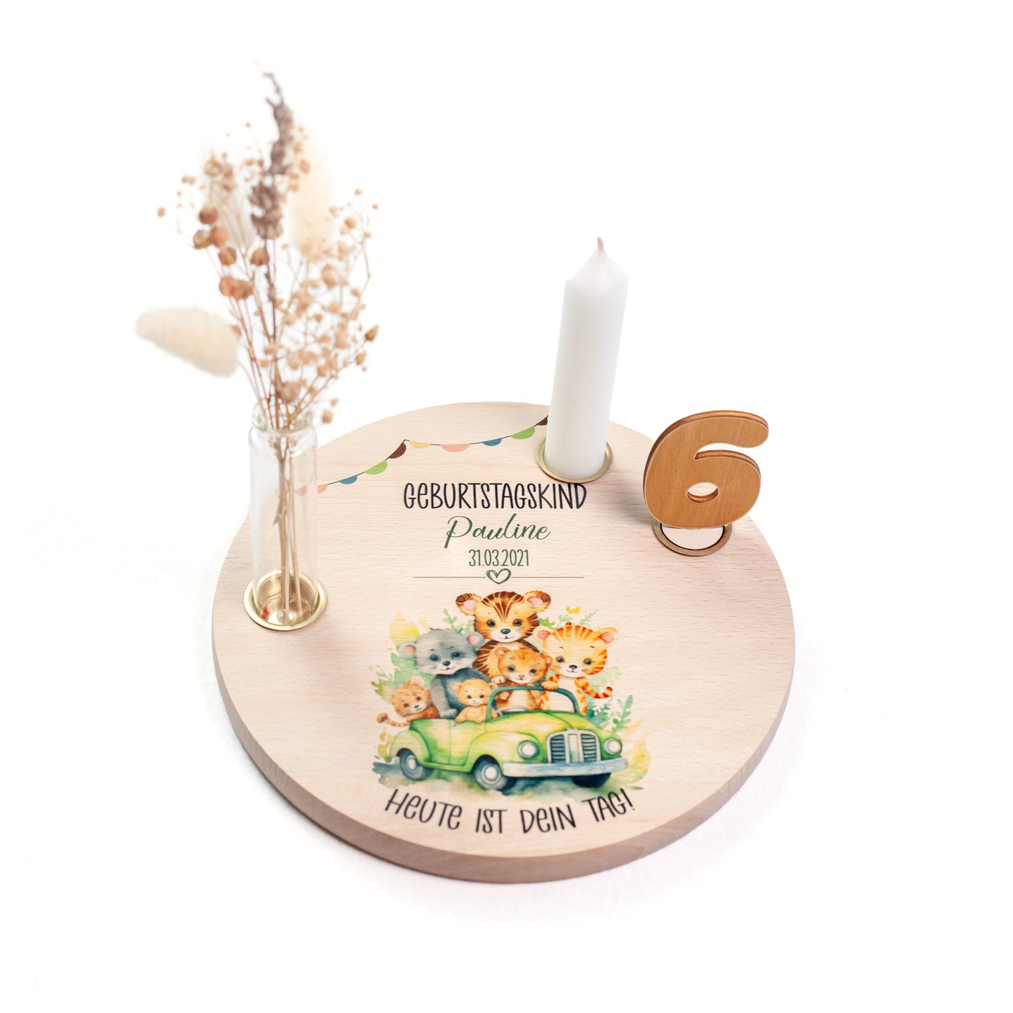 personalisierter Kerzenteller mit Kerze, Vase und Zahlen (Safari 2)