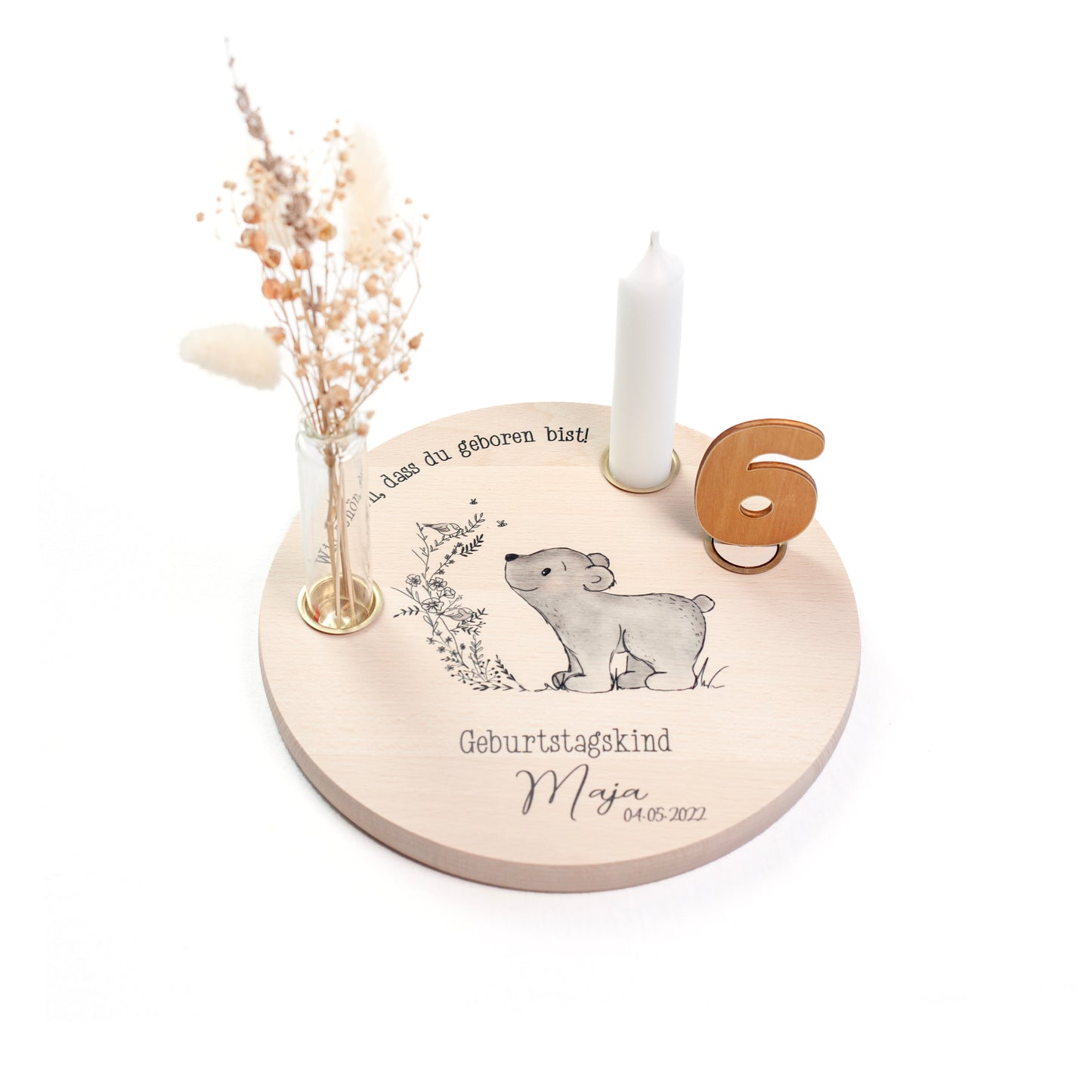 personalisierter Kerzenteller mit Kerze, Vase und Zahlen (Eisbär)