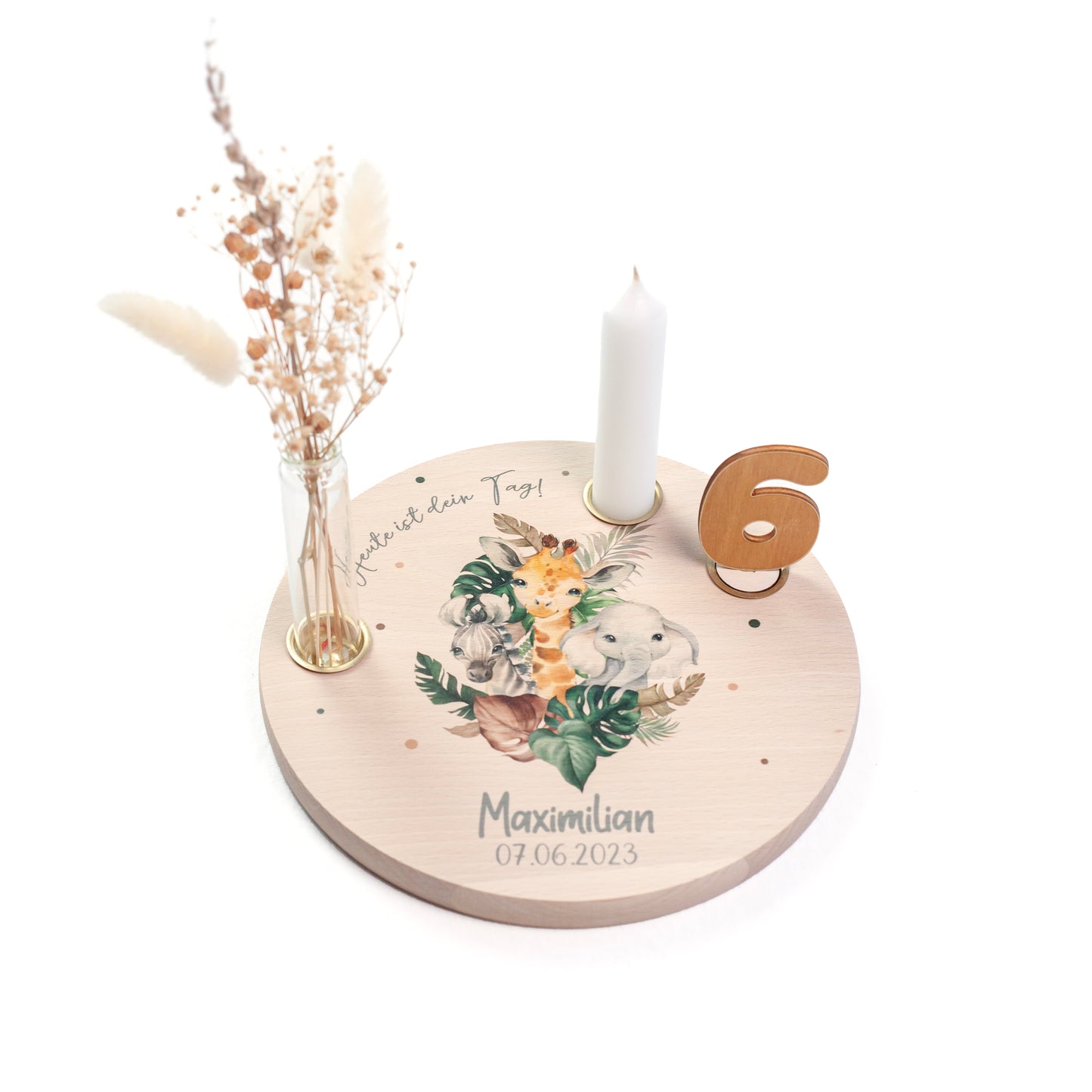 personalisierter Kerzenteller mit Kerze, Vase und Zahlen (Safari 3)