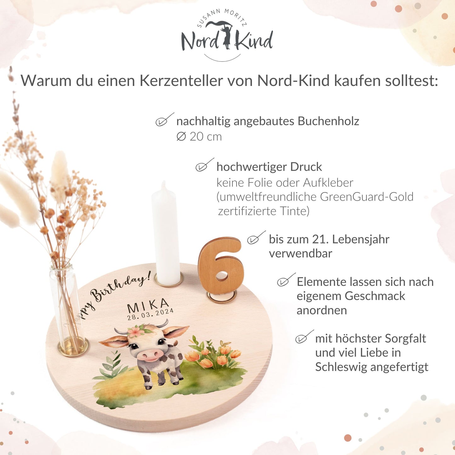 personalisierter Kerzenteller mit Kerze, Vase und Zahlen (Kuh)