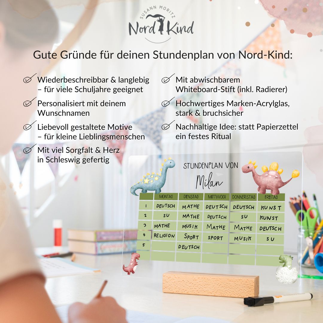 Stundenplan aus Acryl – personalisiert mit Namen (Dino 1)