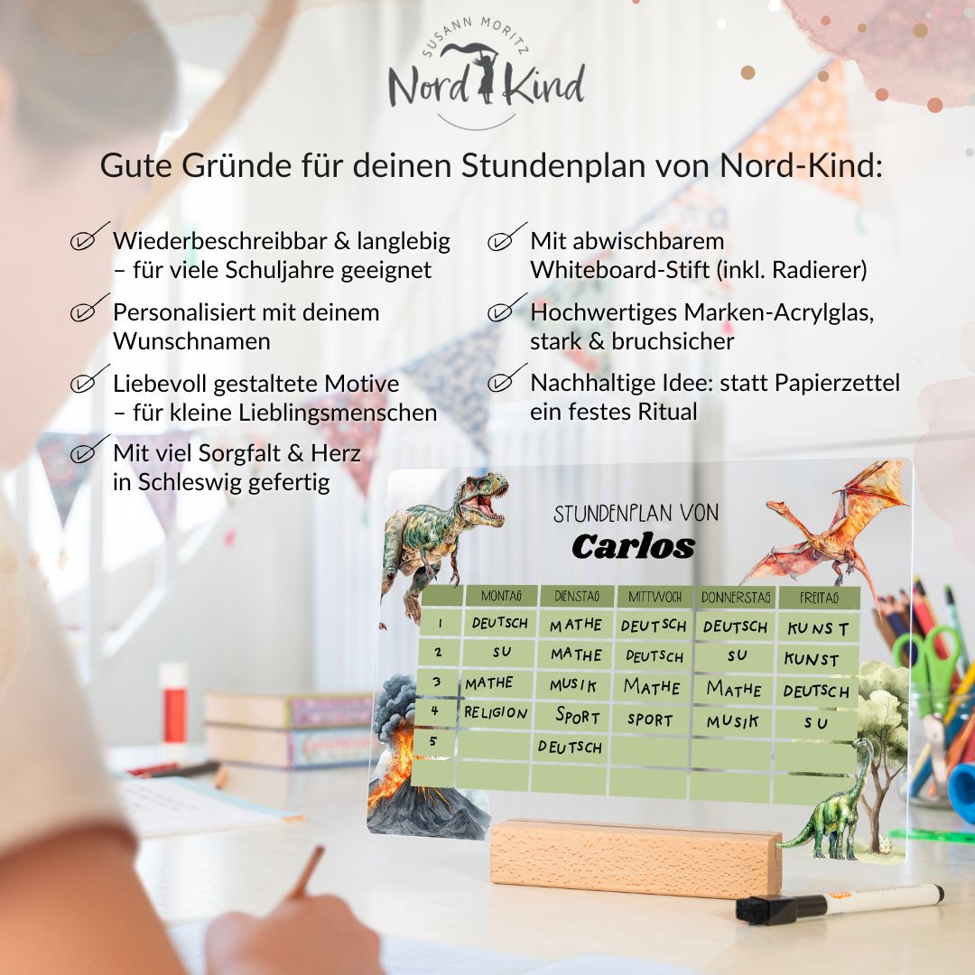 Stundenplan aus Acryl – personalisiert mit Namen (Dino 2)