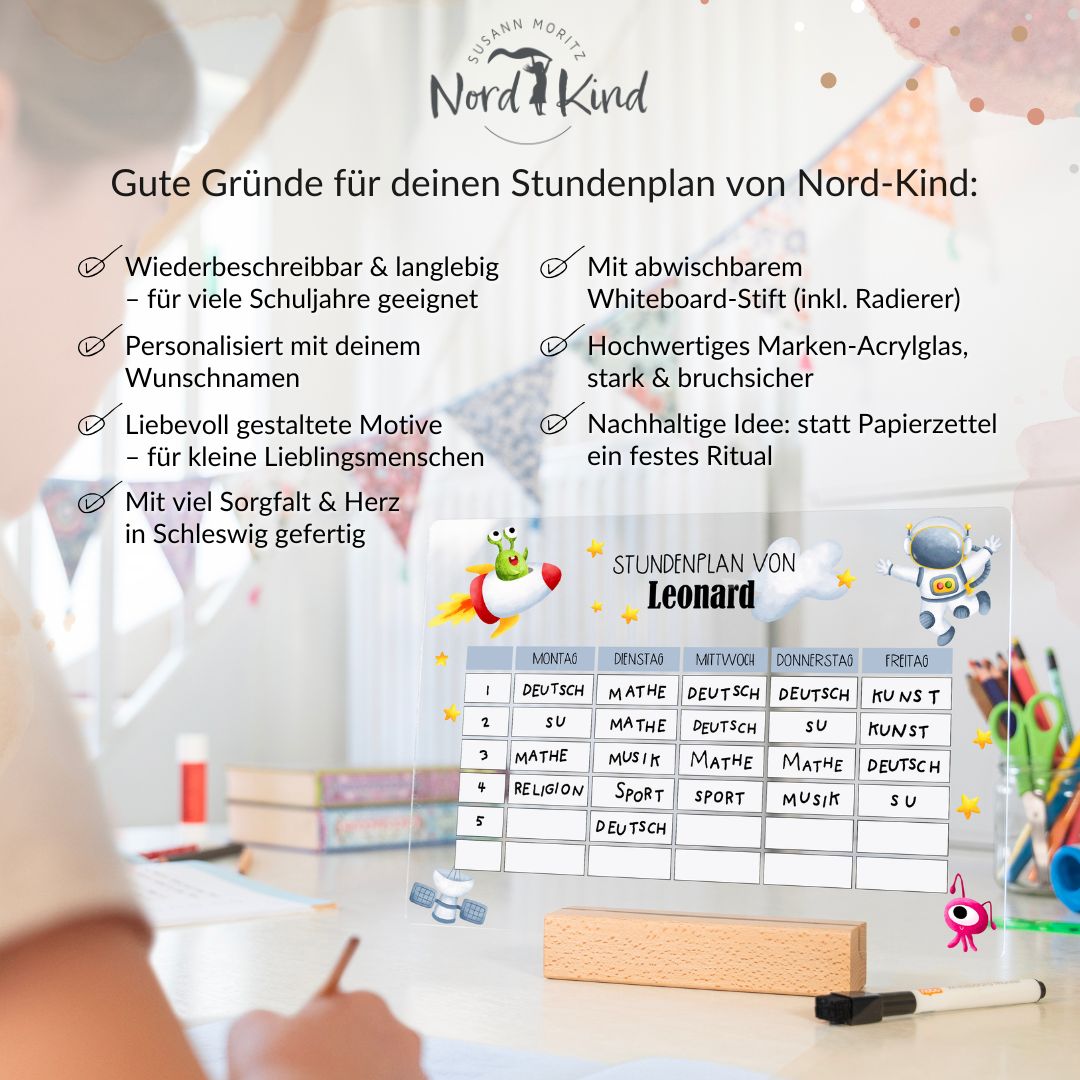 Vorteile des personalisierten Acryl-Stundenplans mit Motiv Astronaut 1, übersichtlich dargestellt mit Icons und Text