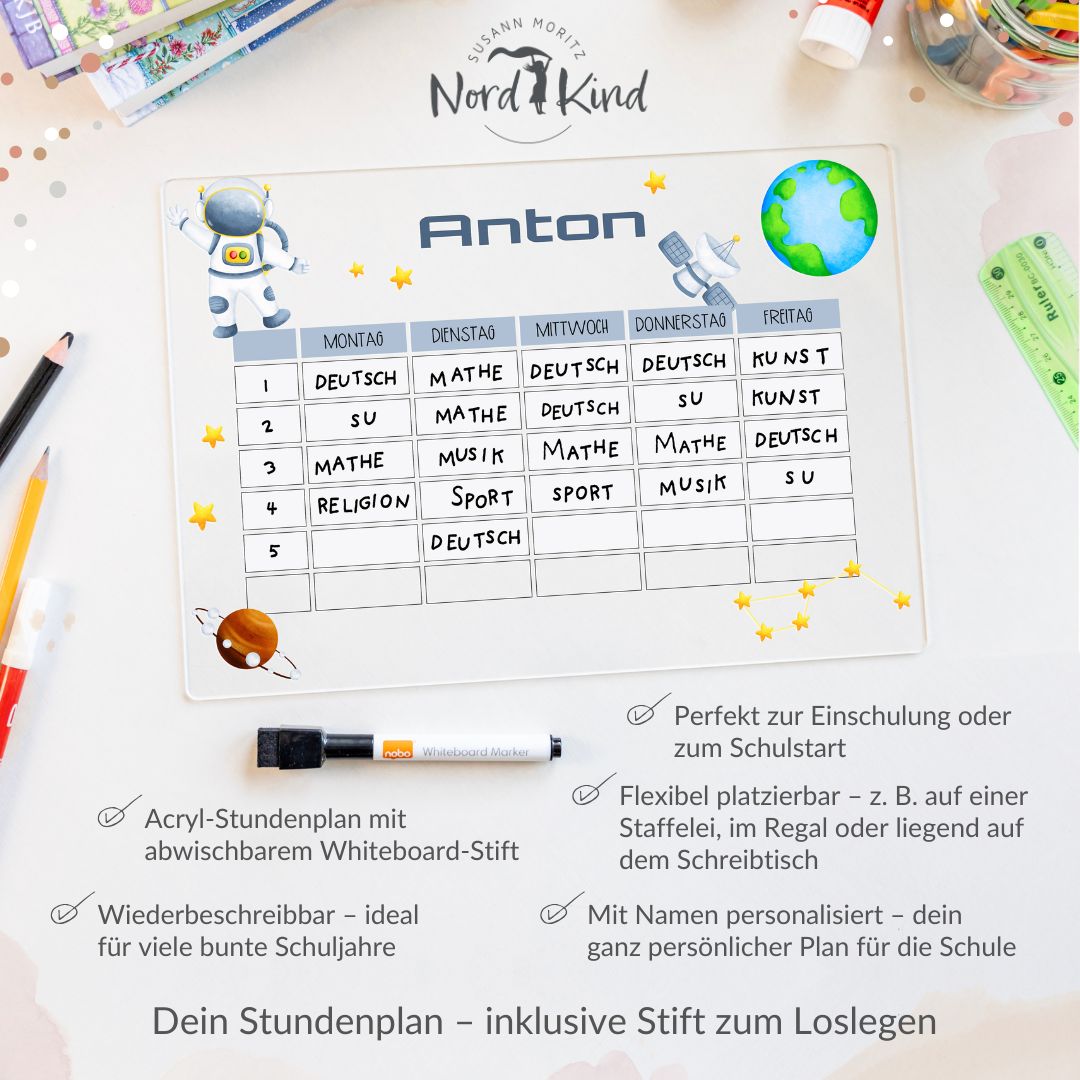 Stundenplan aus Acryl – personalisiert mit Namen (Astronaut 2)