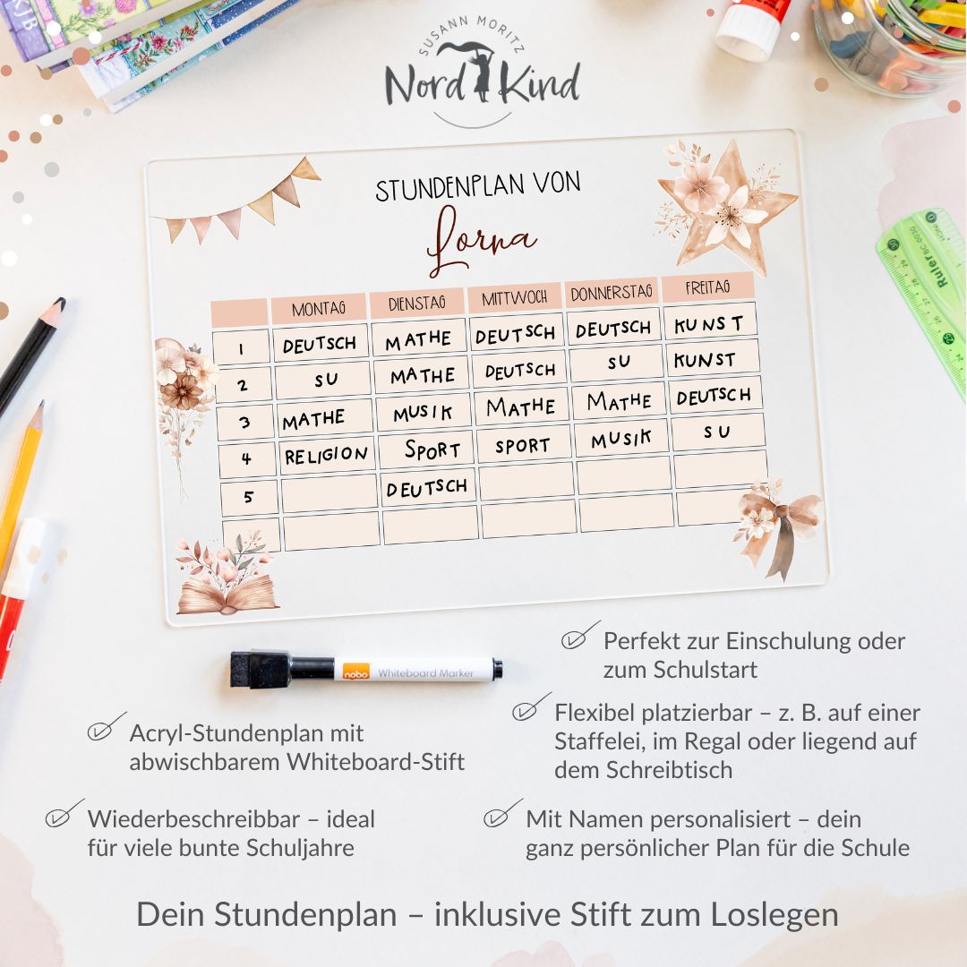 Stundenplan aus Acryl – personalisiert mit Namen (Boho 1)