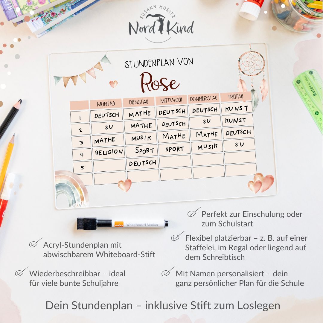 Stundenplan aus Acryl – personalisiert mit Namen (Boho 2)