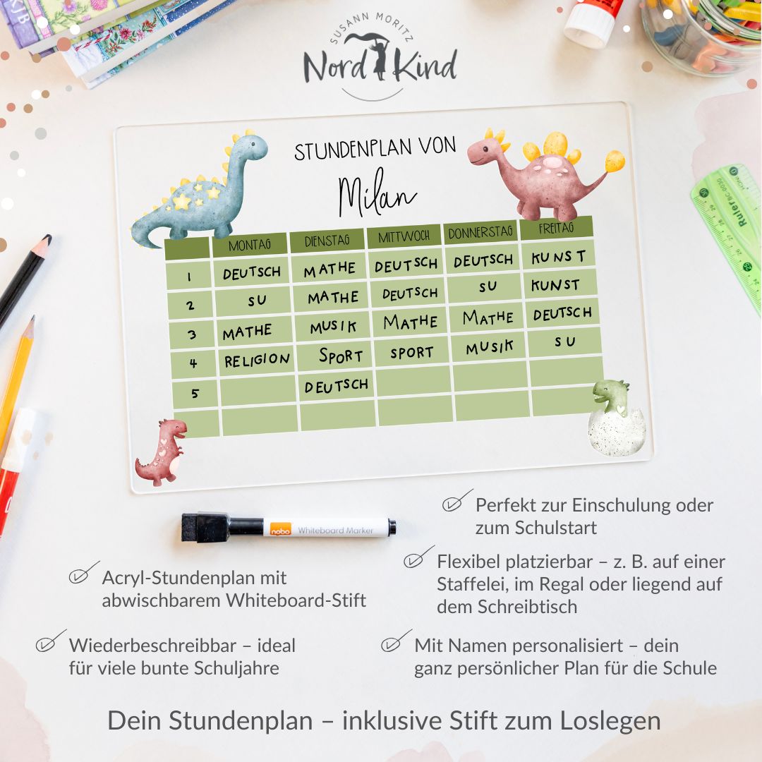 Stundenplan aus Acryl – personalisiert mit Namen (Dino 1)