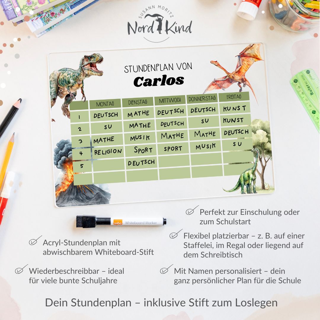 Stundenplan aus Acryl – personalisiert mit Namen (Dino 2)