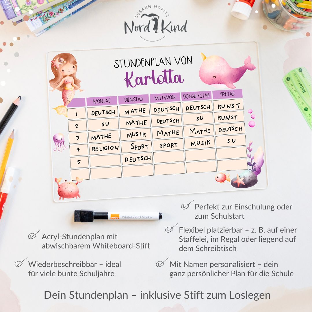 Produktinformationen zum beschreibbaren Stundenplan: Stundenplan aus Acryl – personalisiert mit Namen (Meerjungfrau 1)