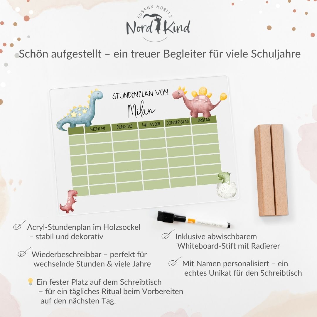 Stundenplan aus Acryl – personalisiert mit Namen (Dino 1)