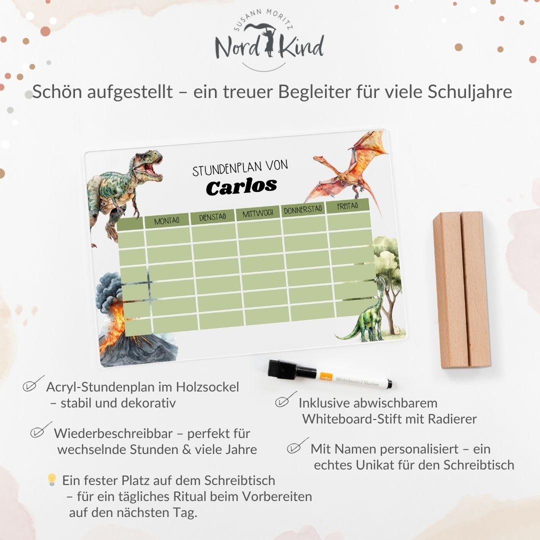 Stundenplan aus Acryl – personalisiert mit Namen (Dino 2)