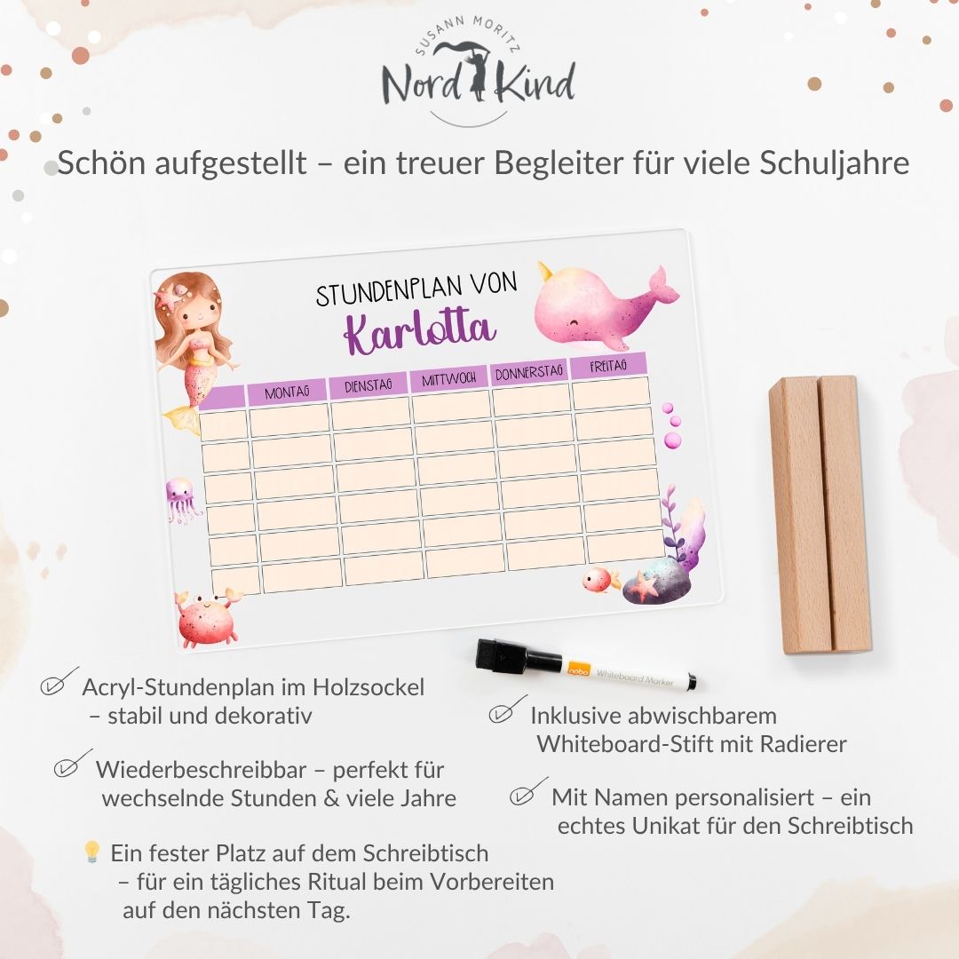 Produktinformationen zum beschreibbaren Stundenplan: Stundenplan aus Acryl – personalisiert mit Namen (Meerjungfrau 1)