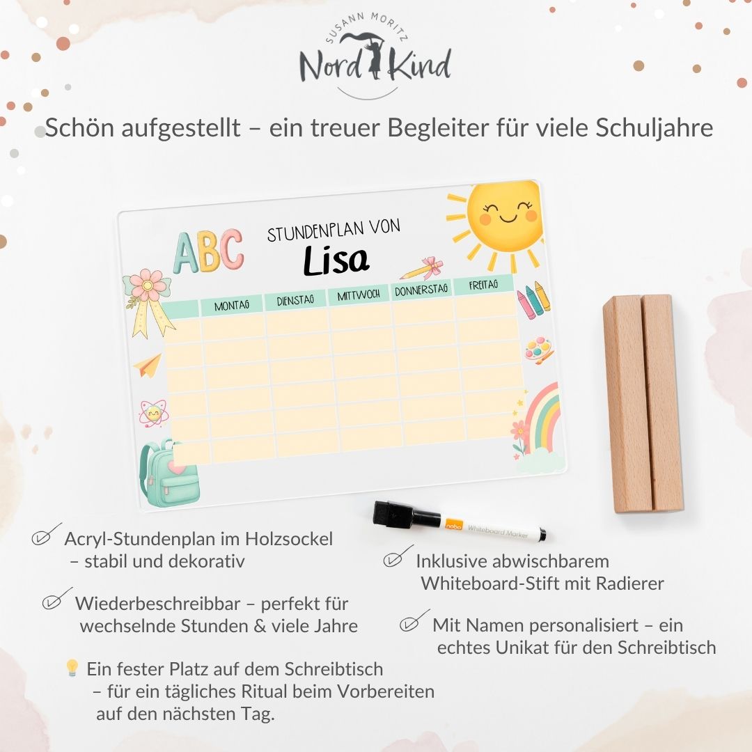 Acryl-Stundenplan Motiv Schule 1, mit Whiteboard-Stift und Holzsockel plus grafische Text-Highlights zum Produkt