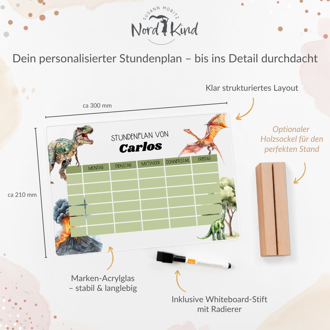 Stundenplan aus Acryl – personalisiert mit Namen (Dino 2)