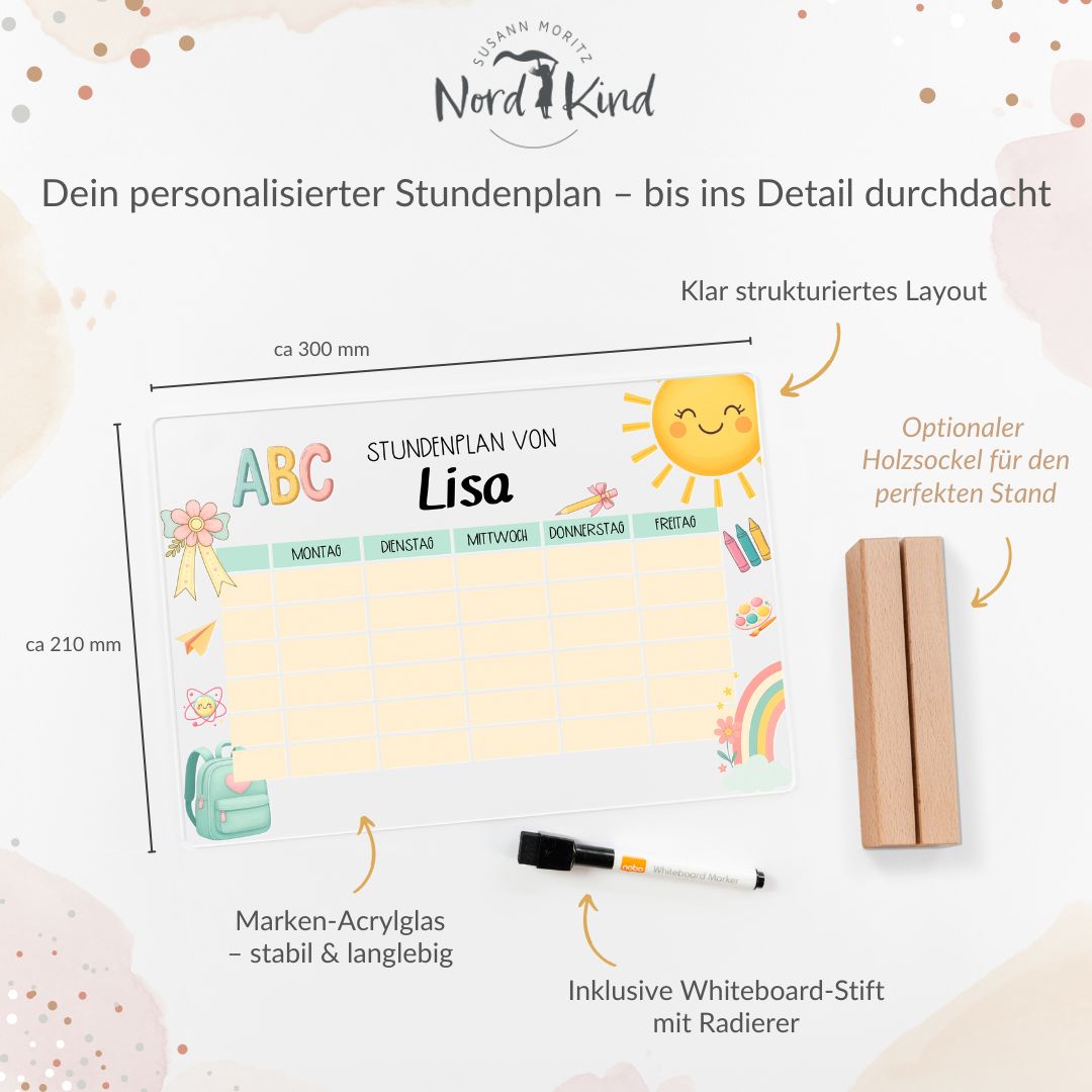 Produktgrafik mit Maßen und Details des Acryl-Stundenplans mit Motiv Schule 1, inklusive Größenangabe, Materialhinweisen und Zubehör