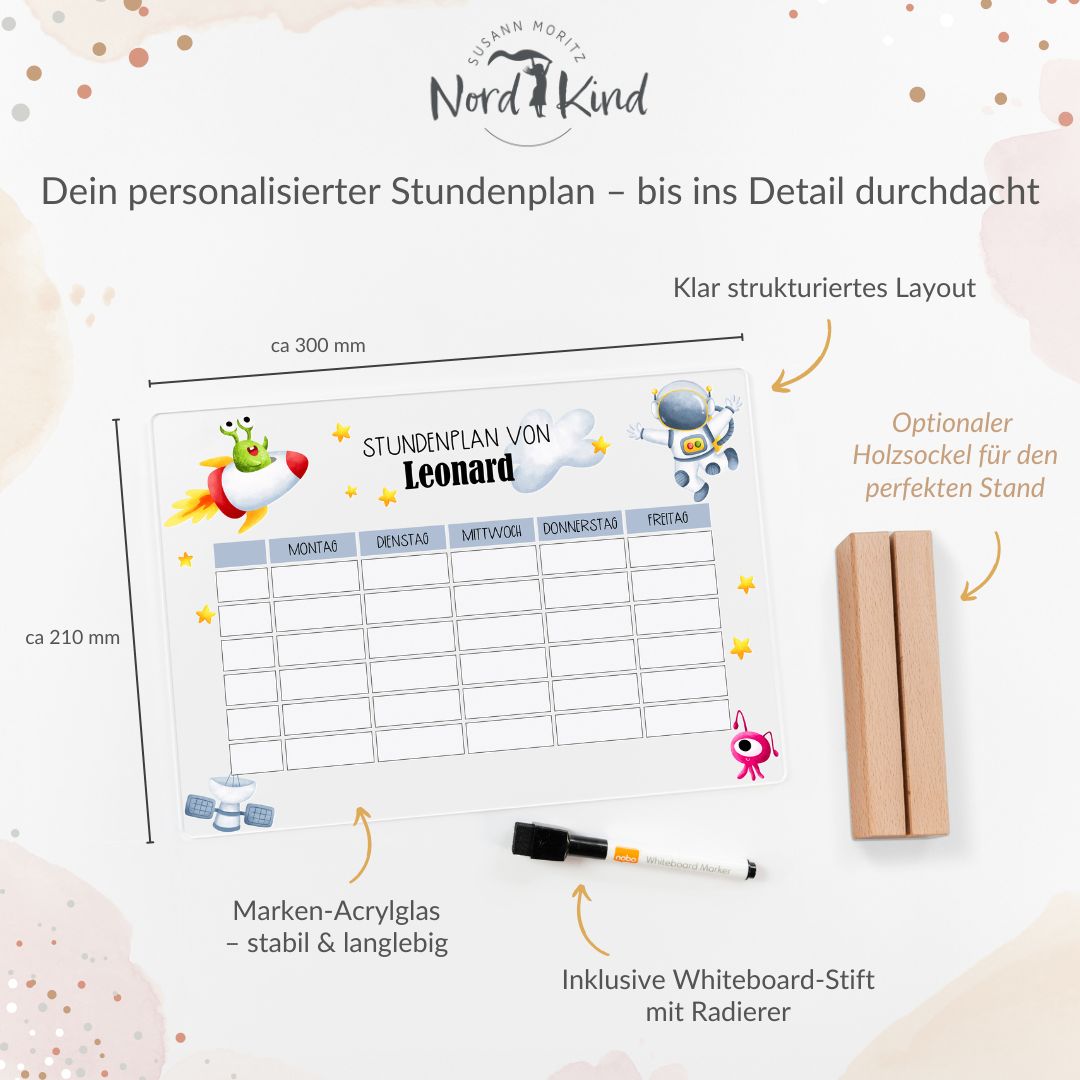 Acryl-Stundenplan Astronaut 1 mit Maßangaben, Stift und optionalem Holzsockel