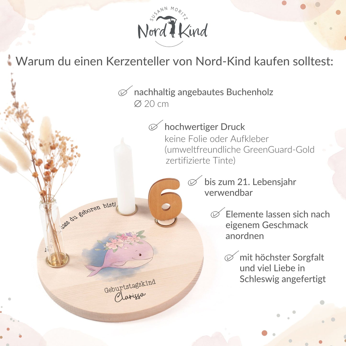 personalisierter Kerzenteller mit Kerze, Vase und Zahlen (Orca)
