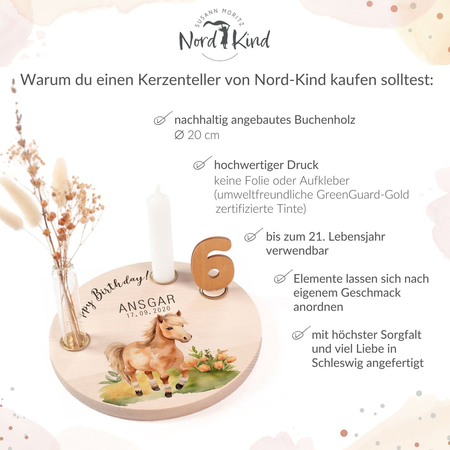 personalisierter Kerzenteller mit Kerze, Vase und Zahlen (Pferd)