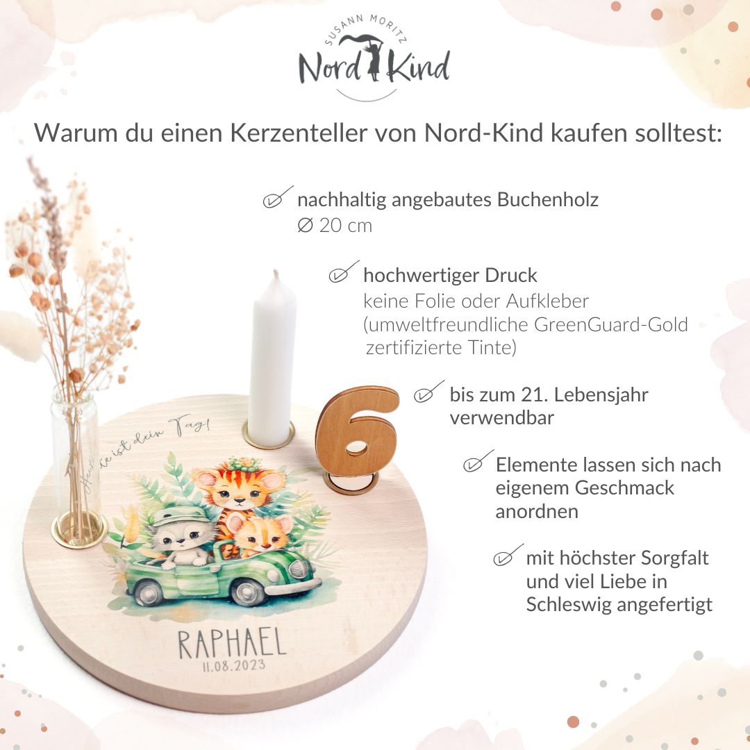 personalisierter Kerzenteller mit Kerze, Vase und Zahlen (Safari 1)