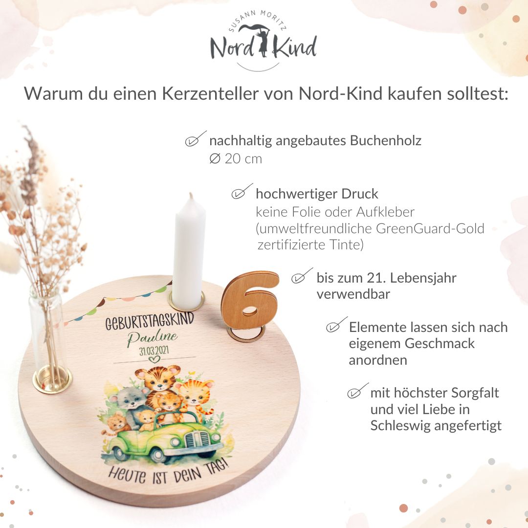 personalisierter Kerzenteller mit Kerze, Vase und Zahlen (Safari 2)