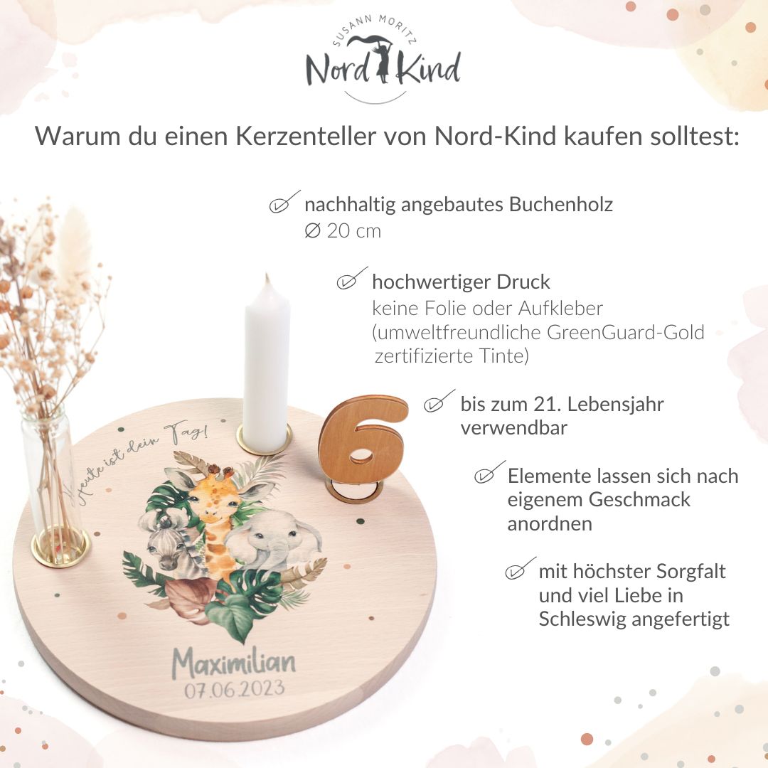 personalisierter Kerzenteller mit Kerze, Vase und Zahlen (Safari 3)