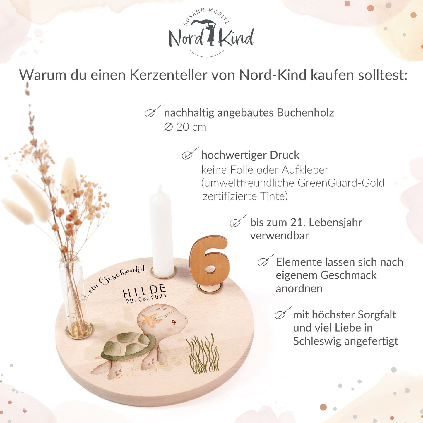 personalisierter Kerzenteller mit Kerze, Vase und Zahlen (Schildkröte)