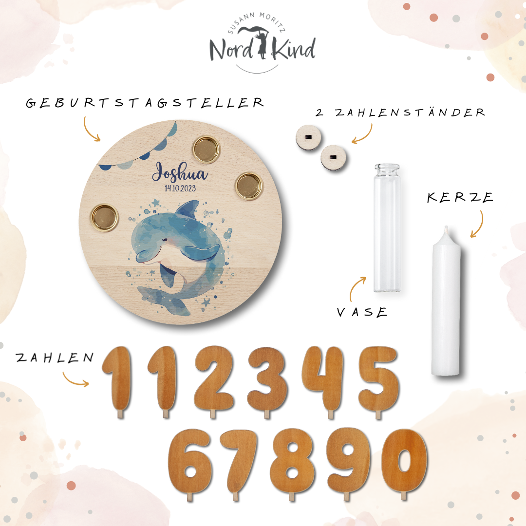 personalisierter Kerzenteller mit Kerze, Vase und Zahlen (Delfin 1)