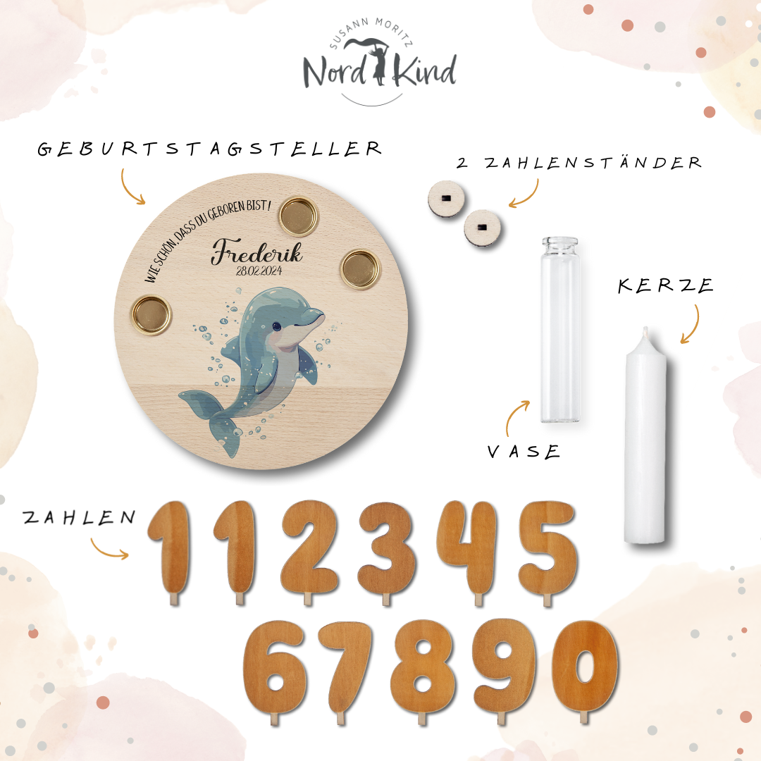 personalisierter Kerzenteller mit Kerze, Vase und Zahlen (Delfin 2)