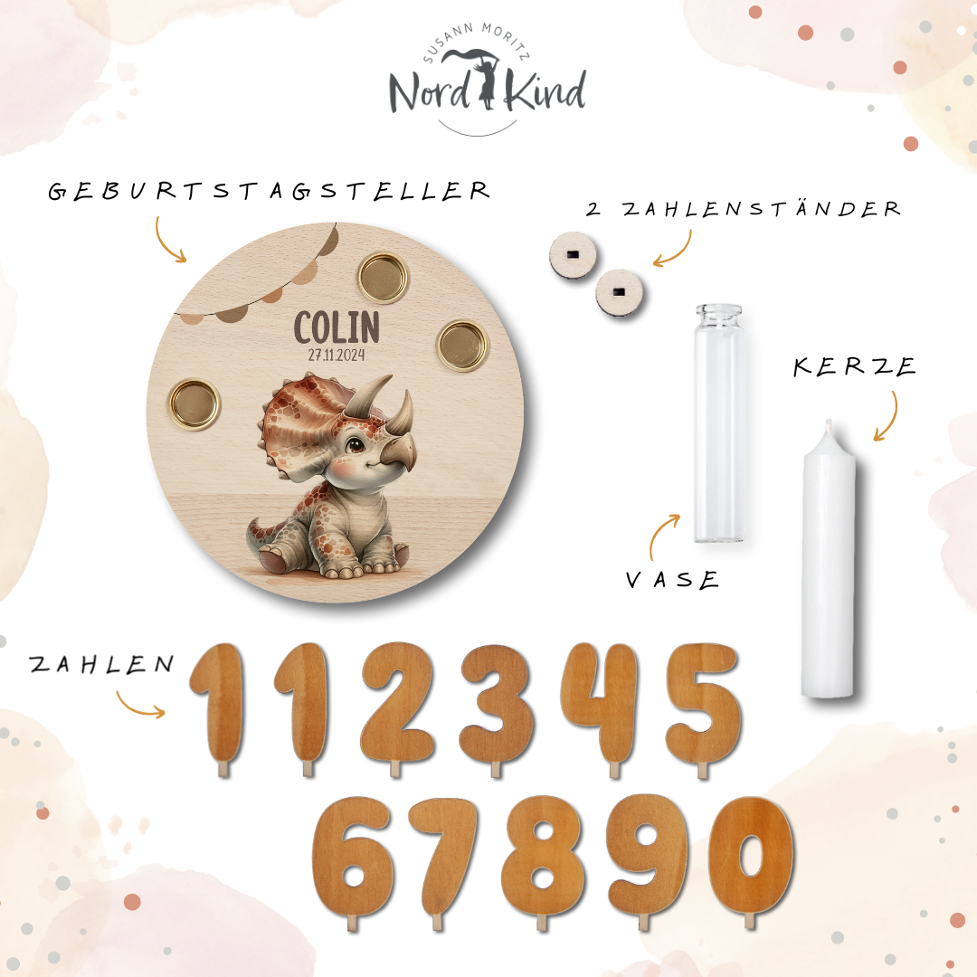 personalisierter Kerzenteller mit Kerze, Vase und Zahlen (Dino 1)