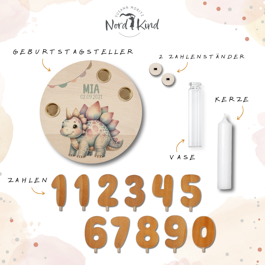 personalisierter Kerzenteller mit Kerze, Vase und Zahlen (Dino 2)
